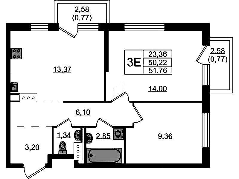 2-комнатная квартира 51.76 м², 3/13 эт., ЖК «Квартал Торики»